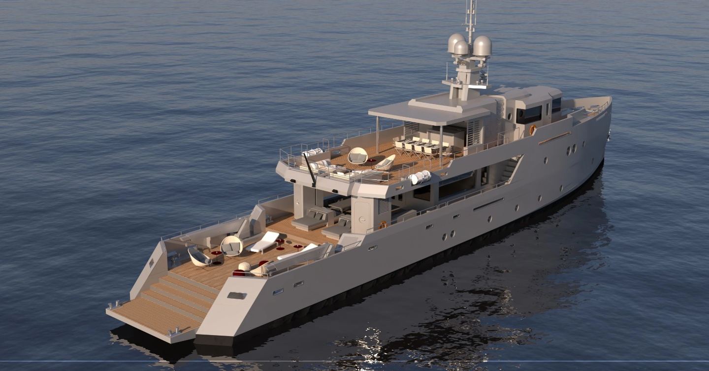 Rendering of 41M EXP Aegean Project Obsidean Blade explorer yacht at anchor 