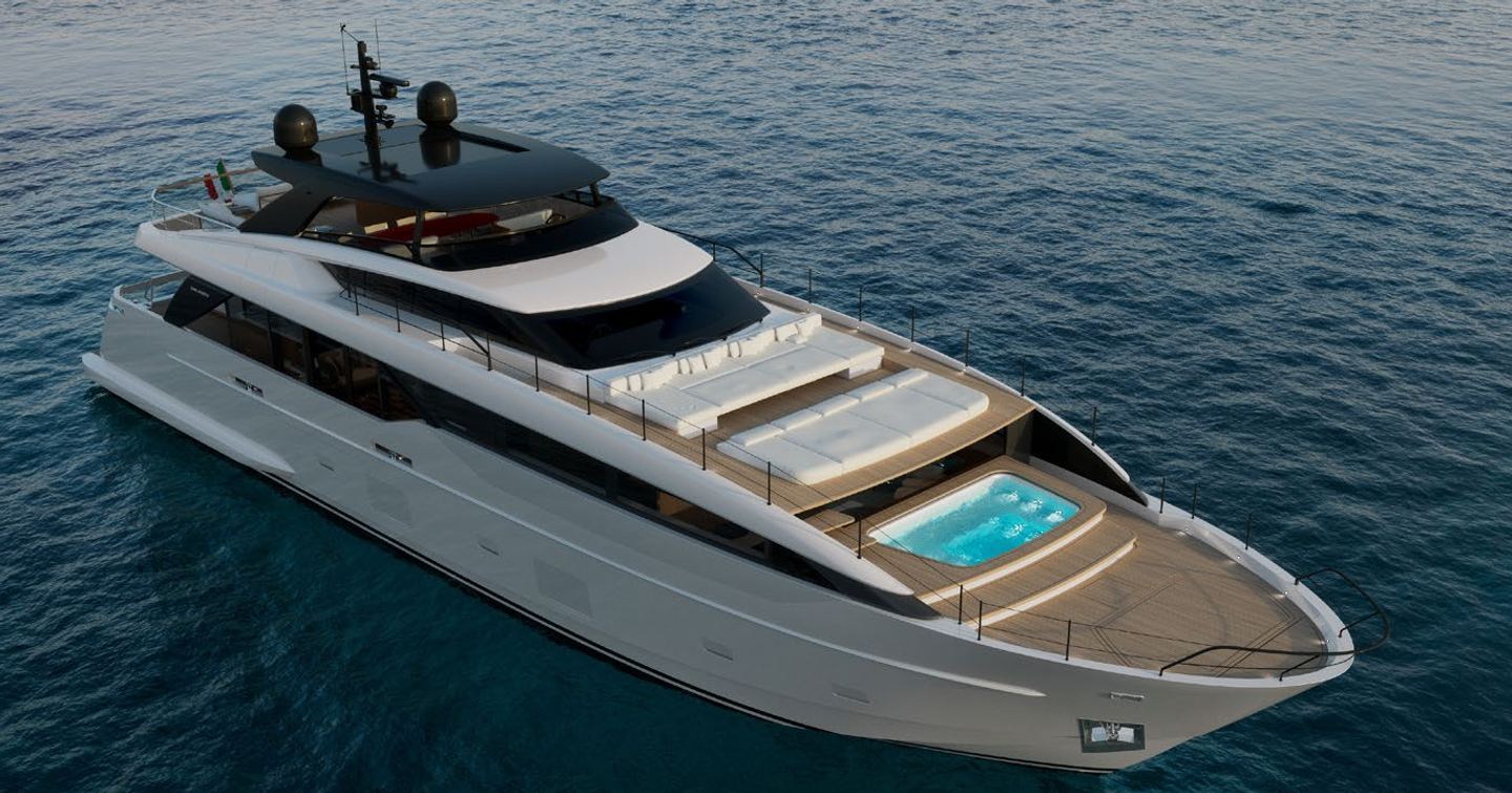 Rendering of Sanlorenzo SL110 Asymmetric motor yacht at anchor 
