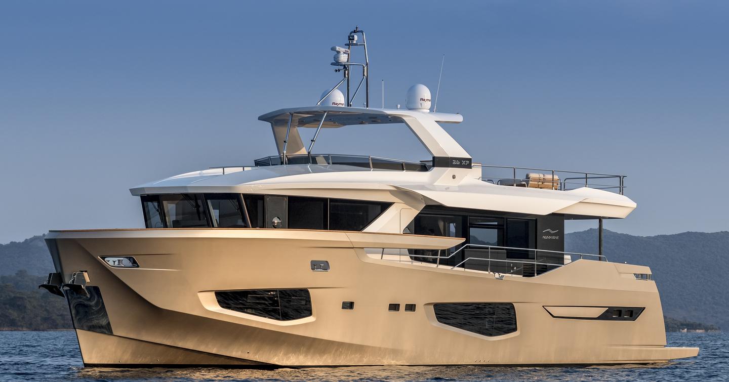 Numarine 26 XP motor yacht at anchor side view 