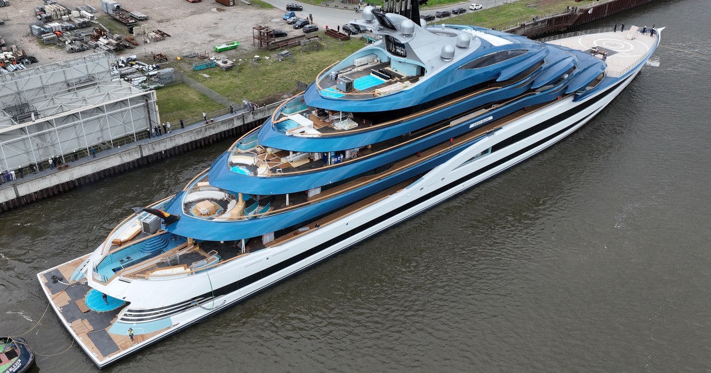 Aerial view of superyacht Deep Blue outside Lurssen shipyard