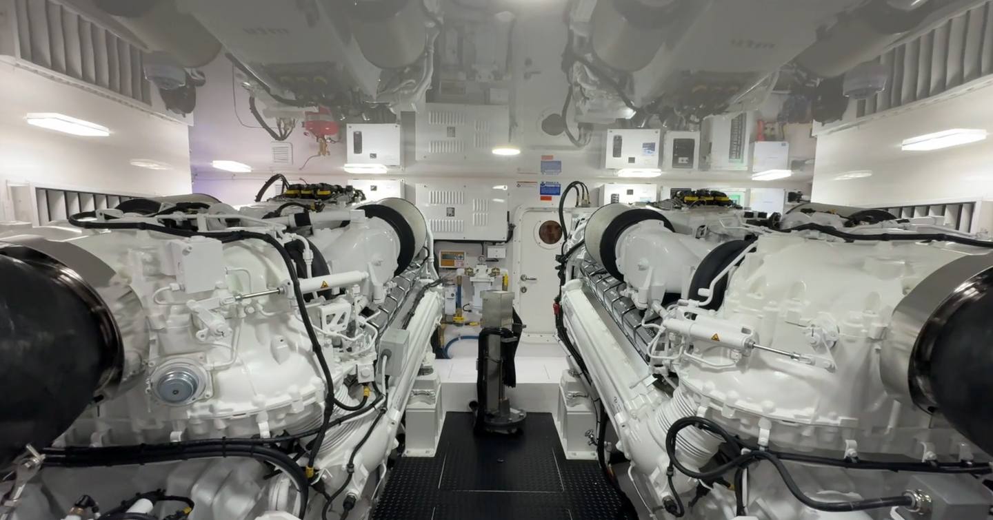 The engine room onboard the 74C is finished in a bright white to make maintenance easier 