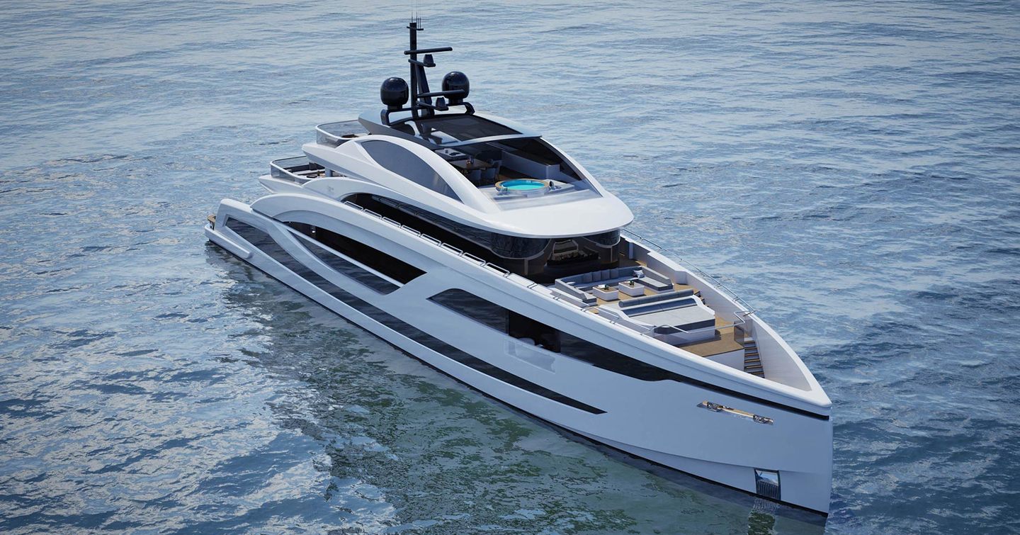 Rendering of Lazzara LMY 165 superyacht at anchor 
