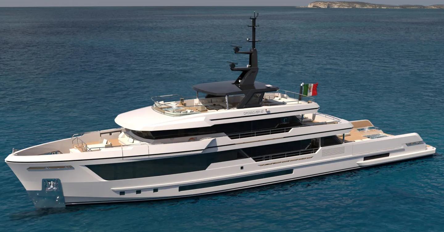 First Columbus Crossover 47 at anchor side view 