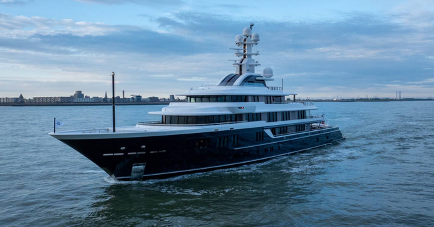 Superyacht Moonstone post refit under way at dusk