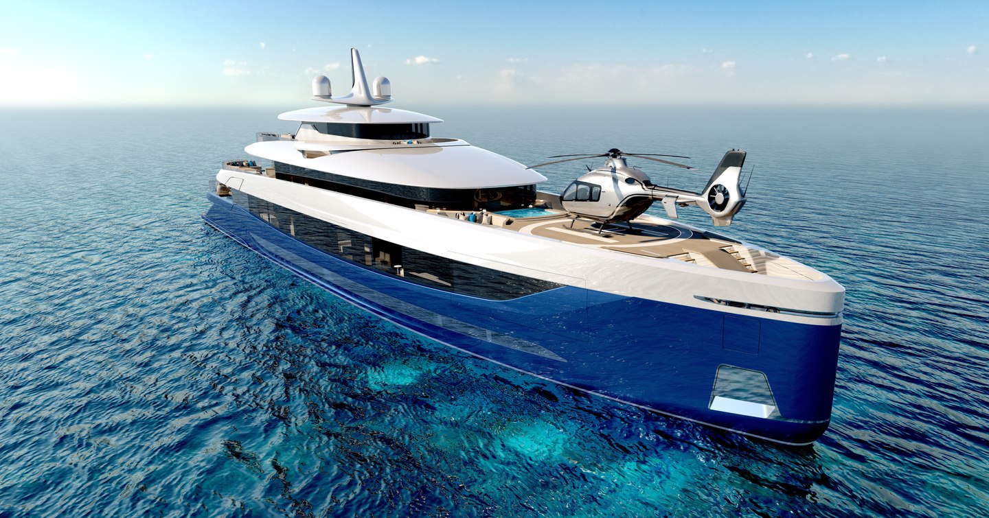 Rendering of Aries LIVIA 72 superyacht model with helicopter on foredeck