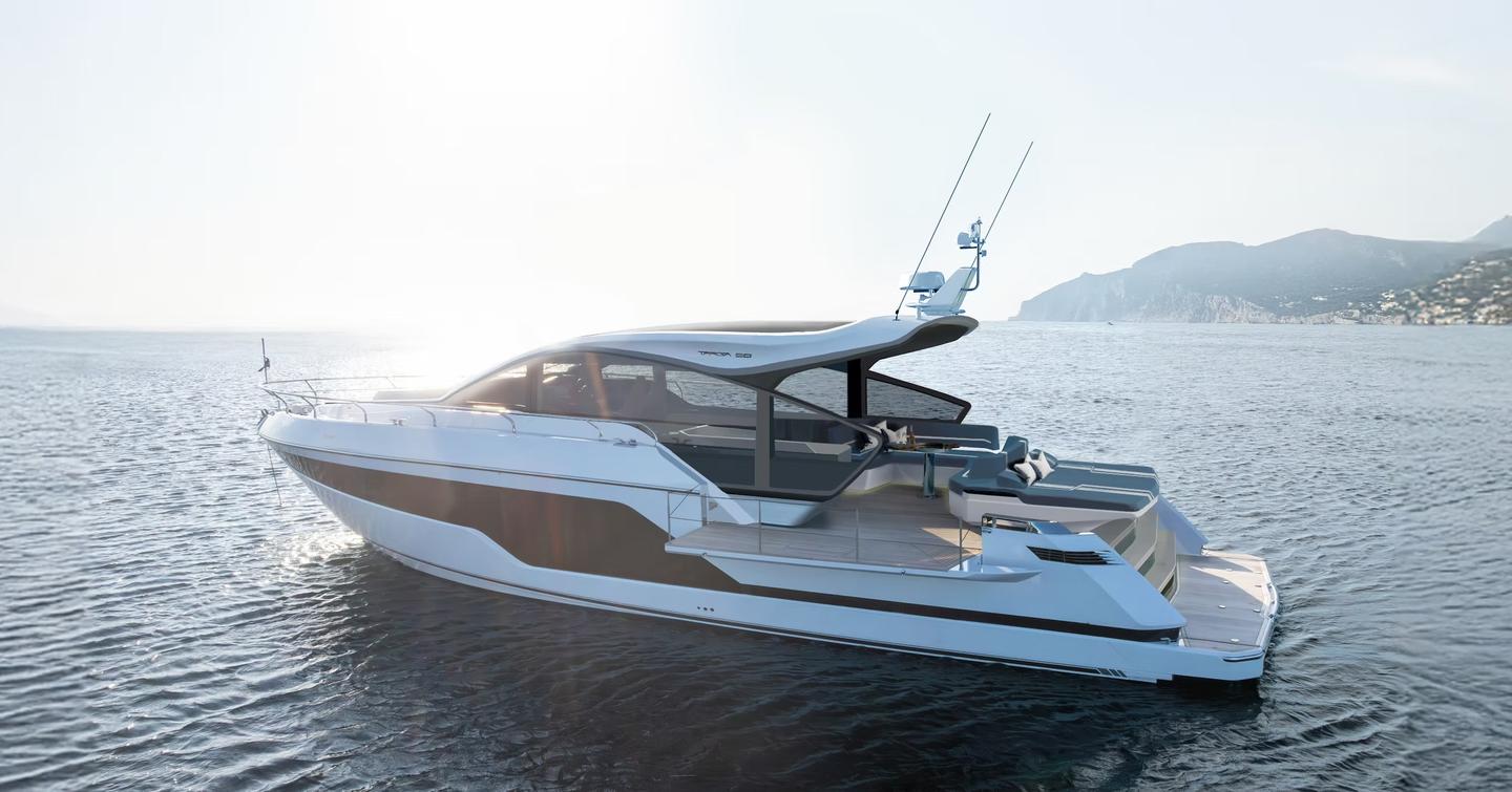 Rendering of Fairline Targa 58 GTO Motor Yacht at anchor on calm seas