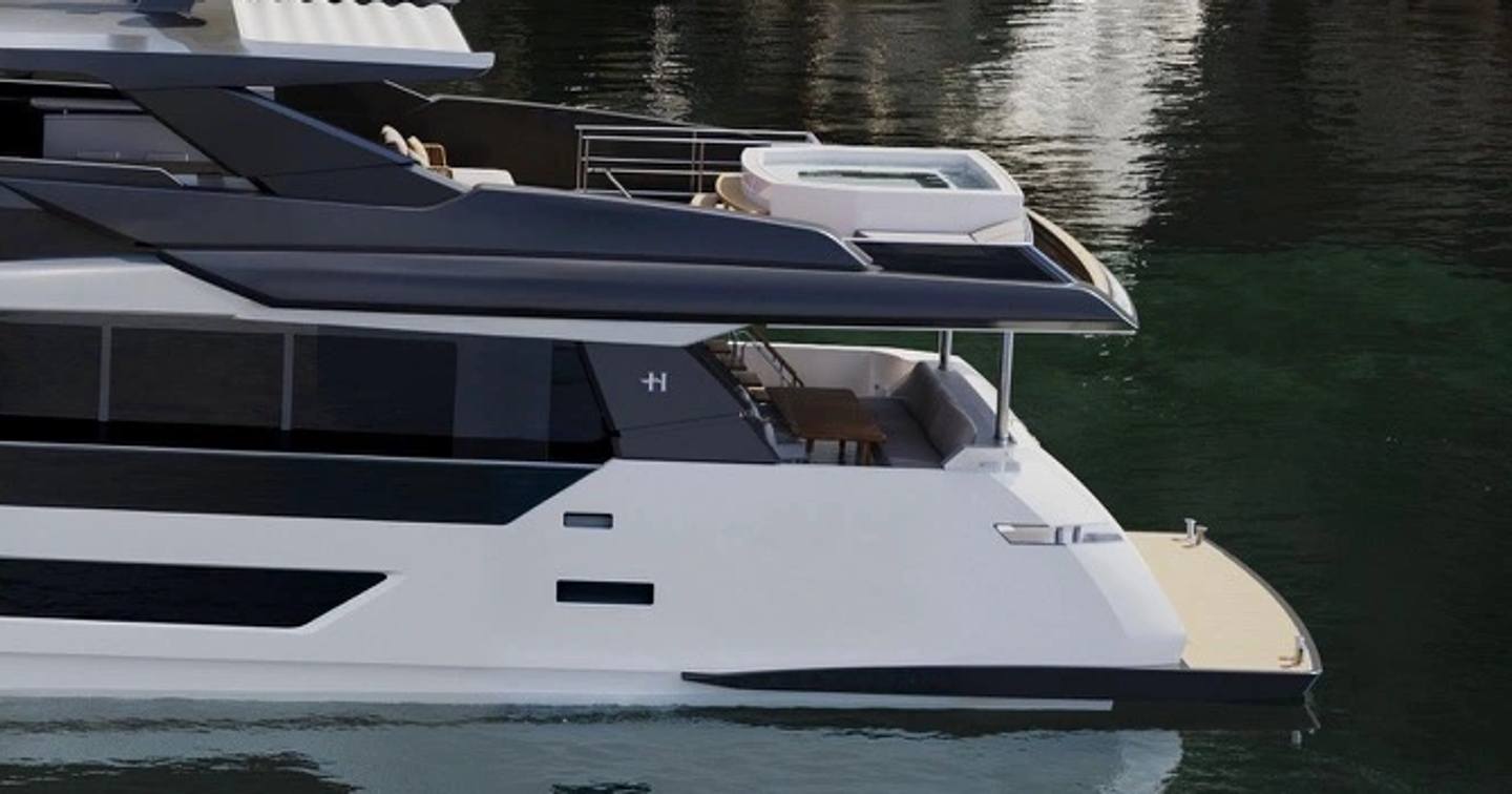 Close up rendering Hargrave 120 yacht beach club and stern