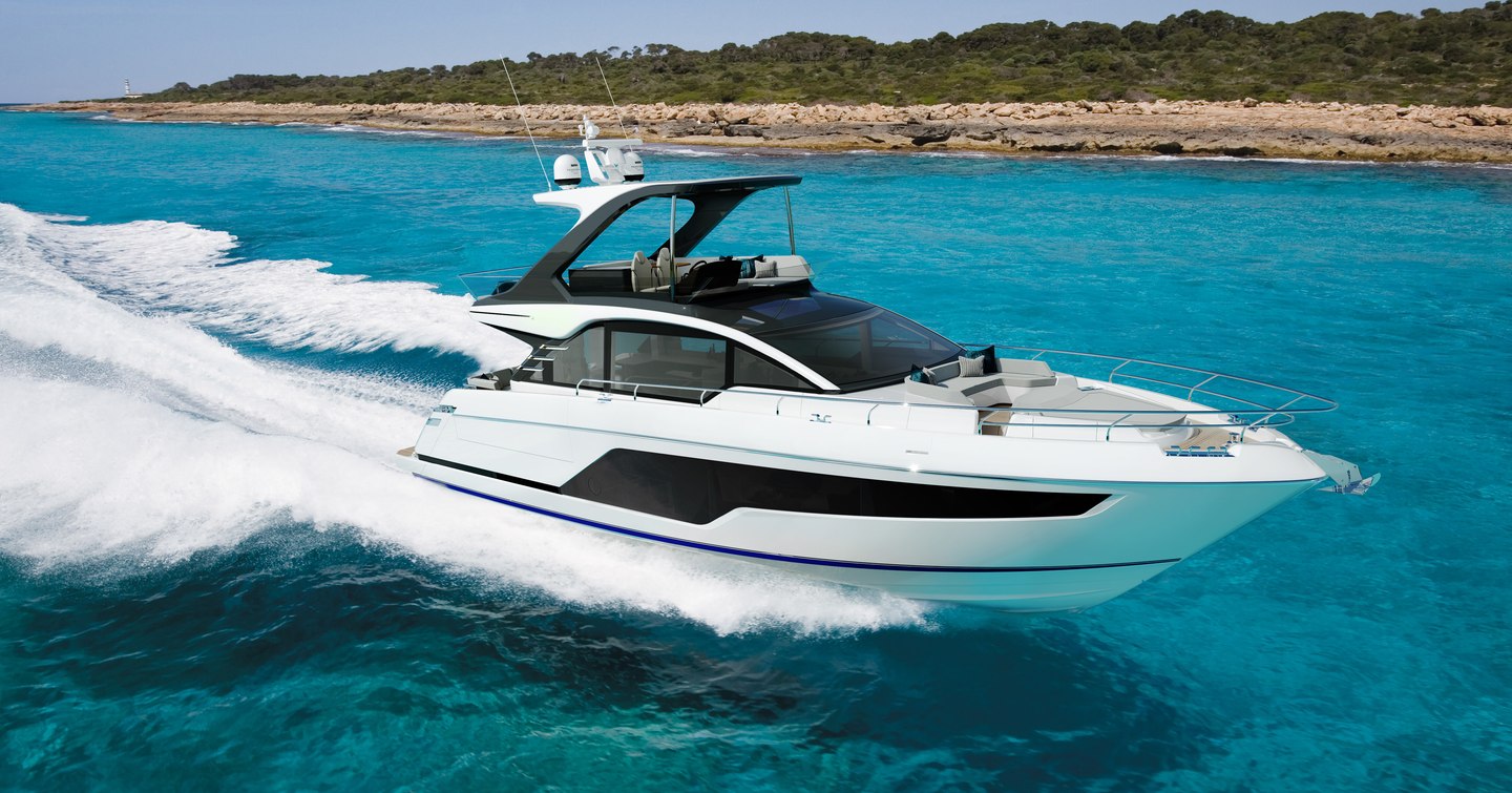 Fairline Squadron 58 Mk 3 underway, surrounded by sea, with land to starboard background.