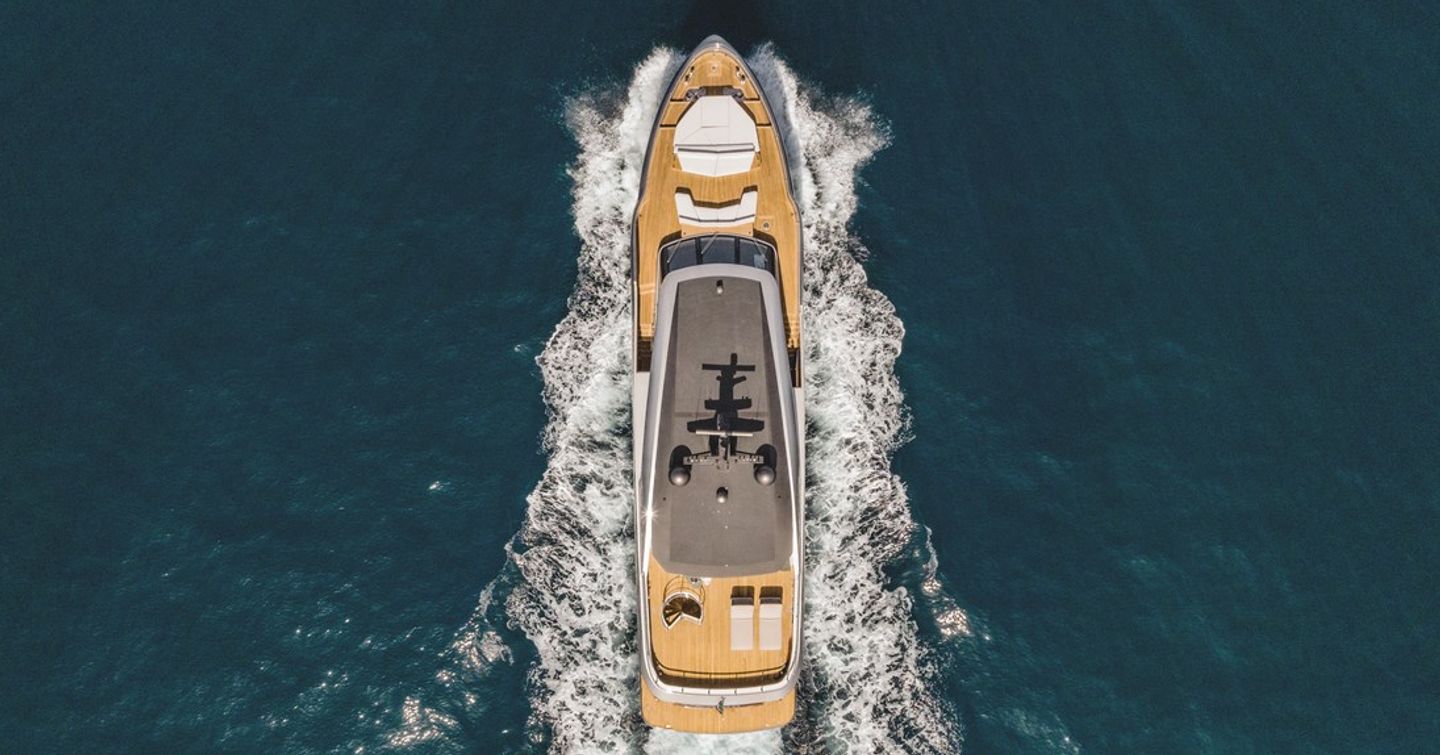 Aerial view of motor yacht Palmax under way