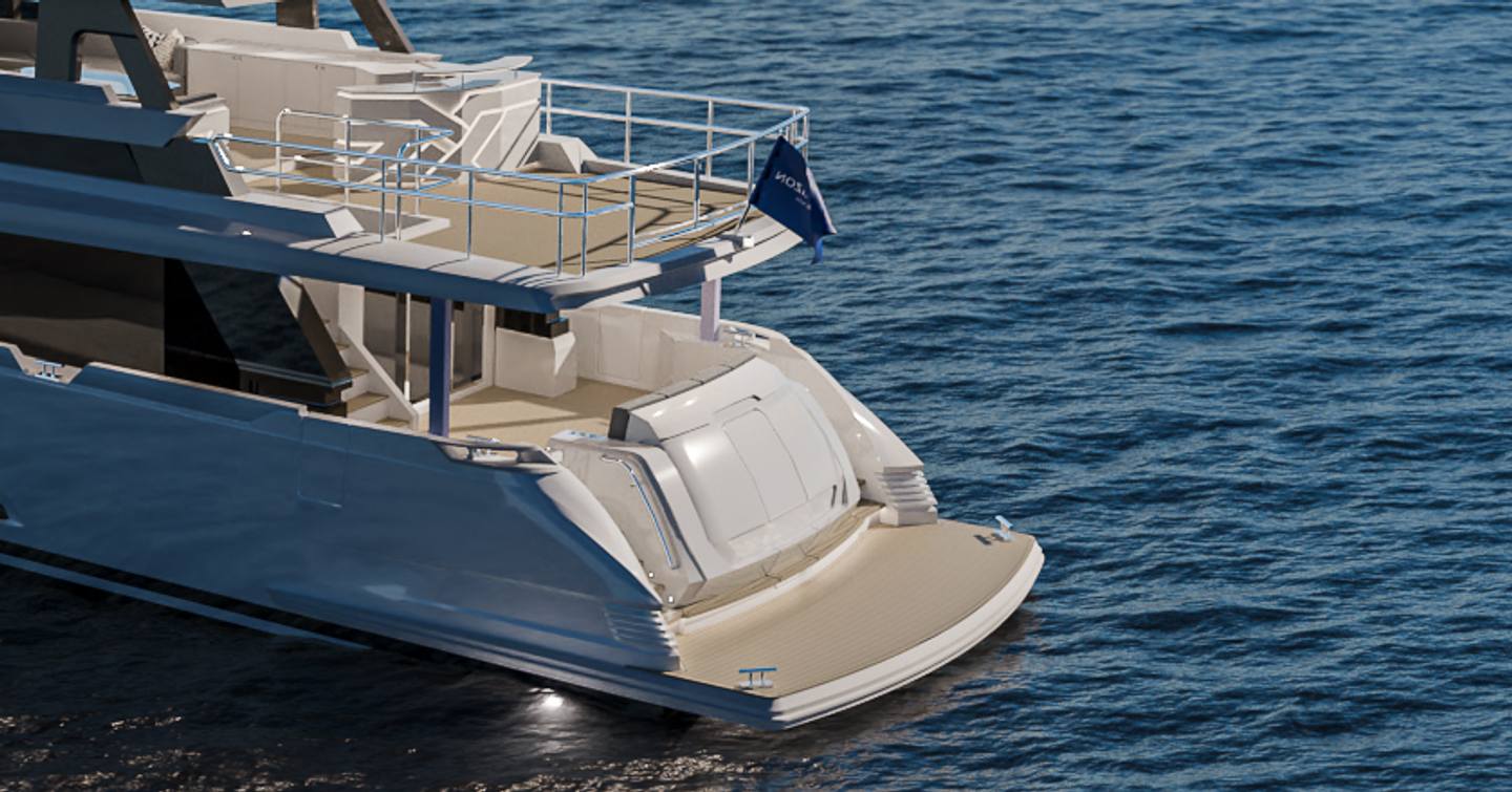 Horizon V74 EVO motor yacht at anchor stern view 