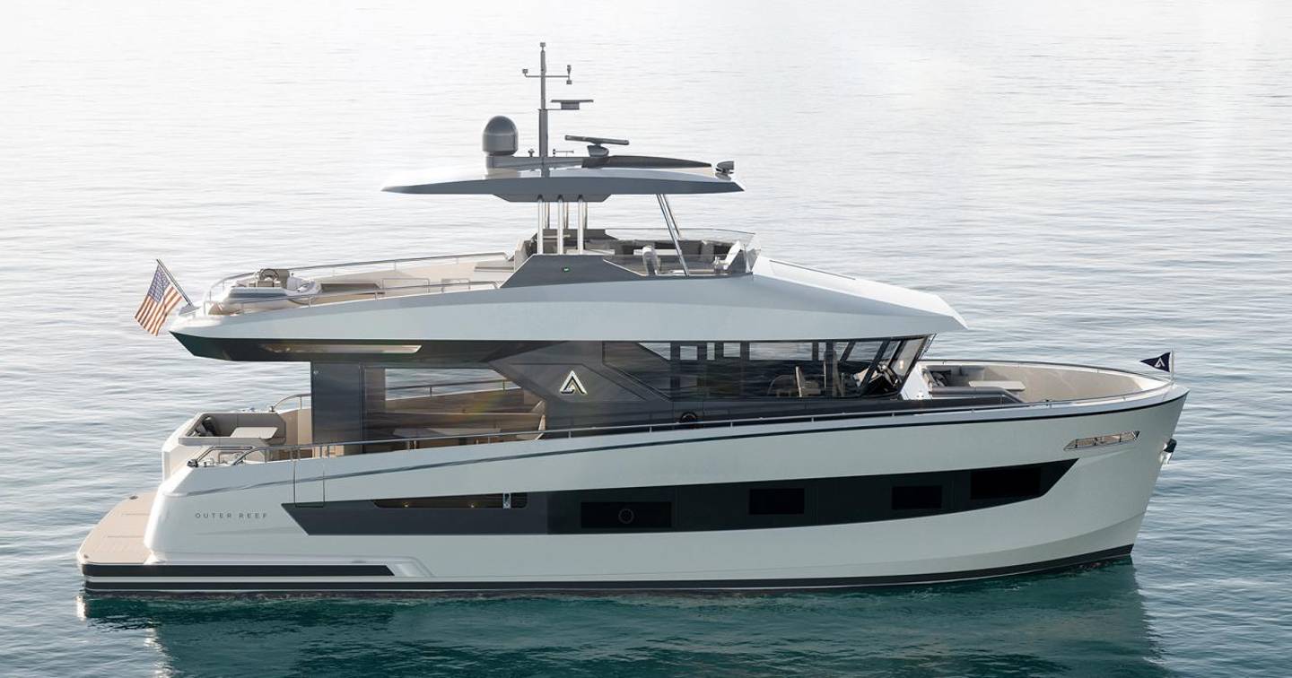 Rendering of Outer Reefs 540 Adventure motor yacht at anchor