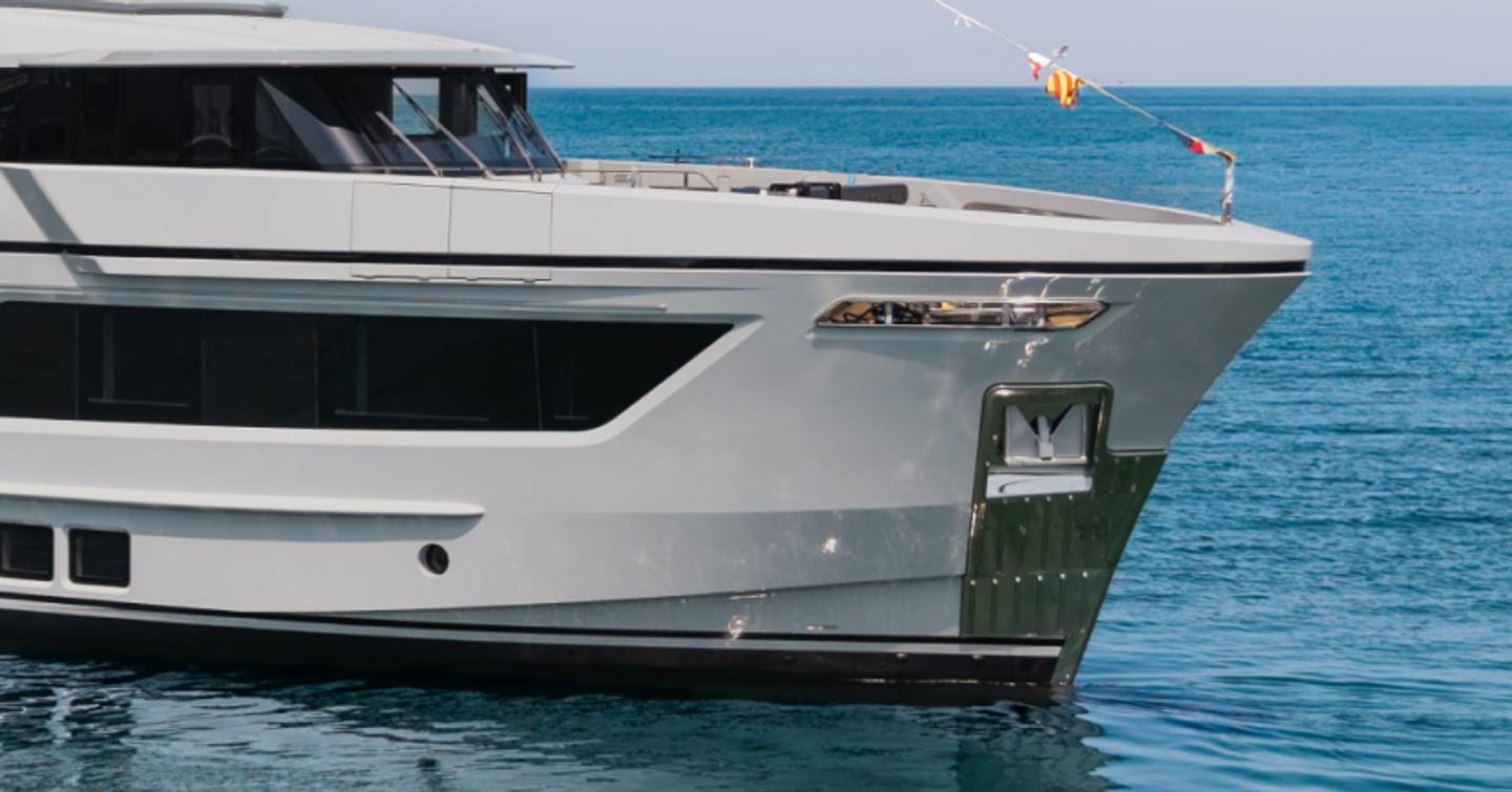 Cantiere delle Marche motor yacht Mon Coeur at anchor bow close up