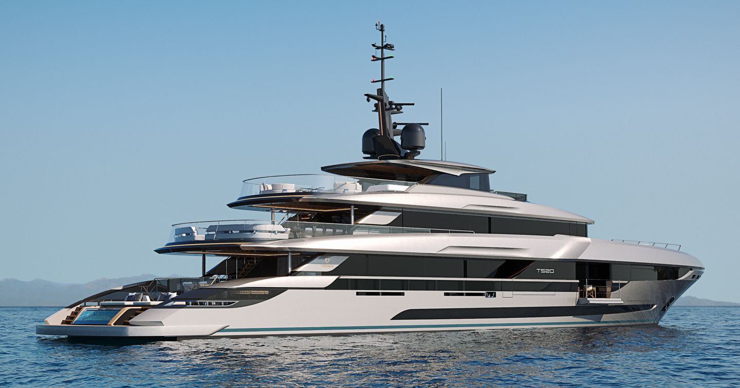 A render of Tankoa Yachts T520 Fenice on anchor in a calm blue sea