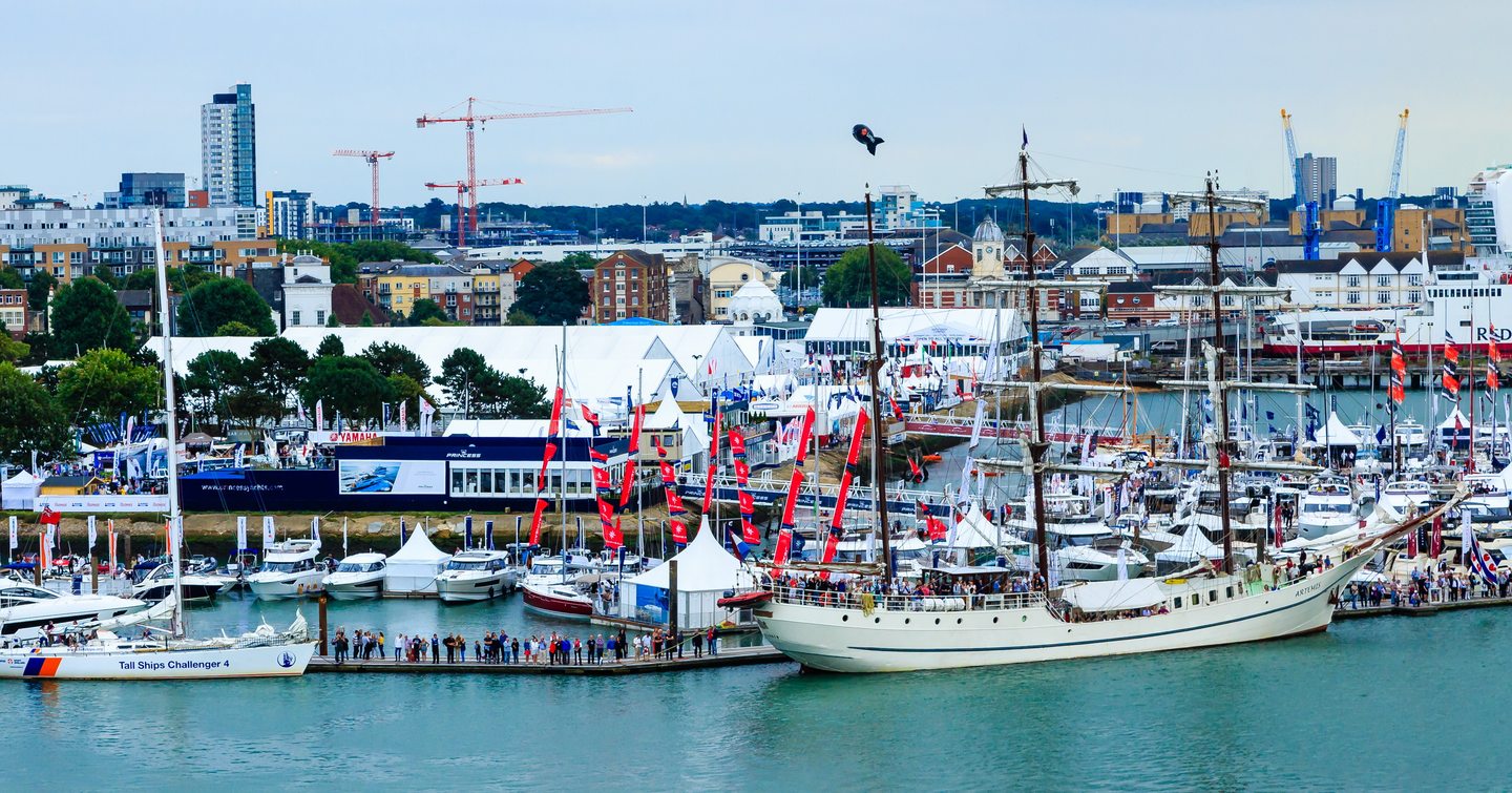 Motor yachts and sailboats moored at Mayflower Park, Southampton.