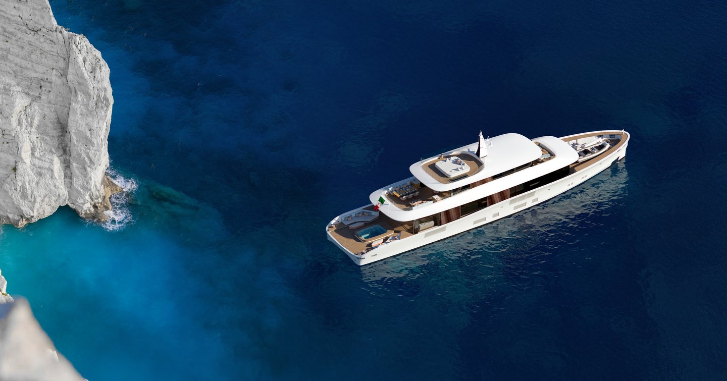 Aerial Rendering of Benetti B.Neos motor yacht at anchor near cliffs