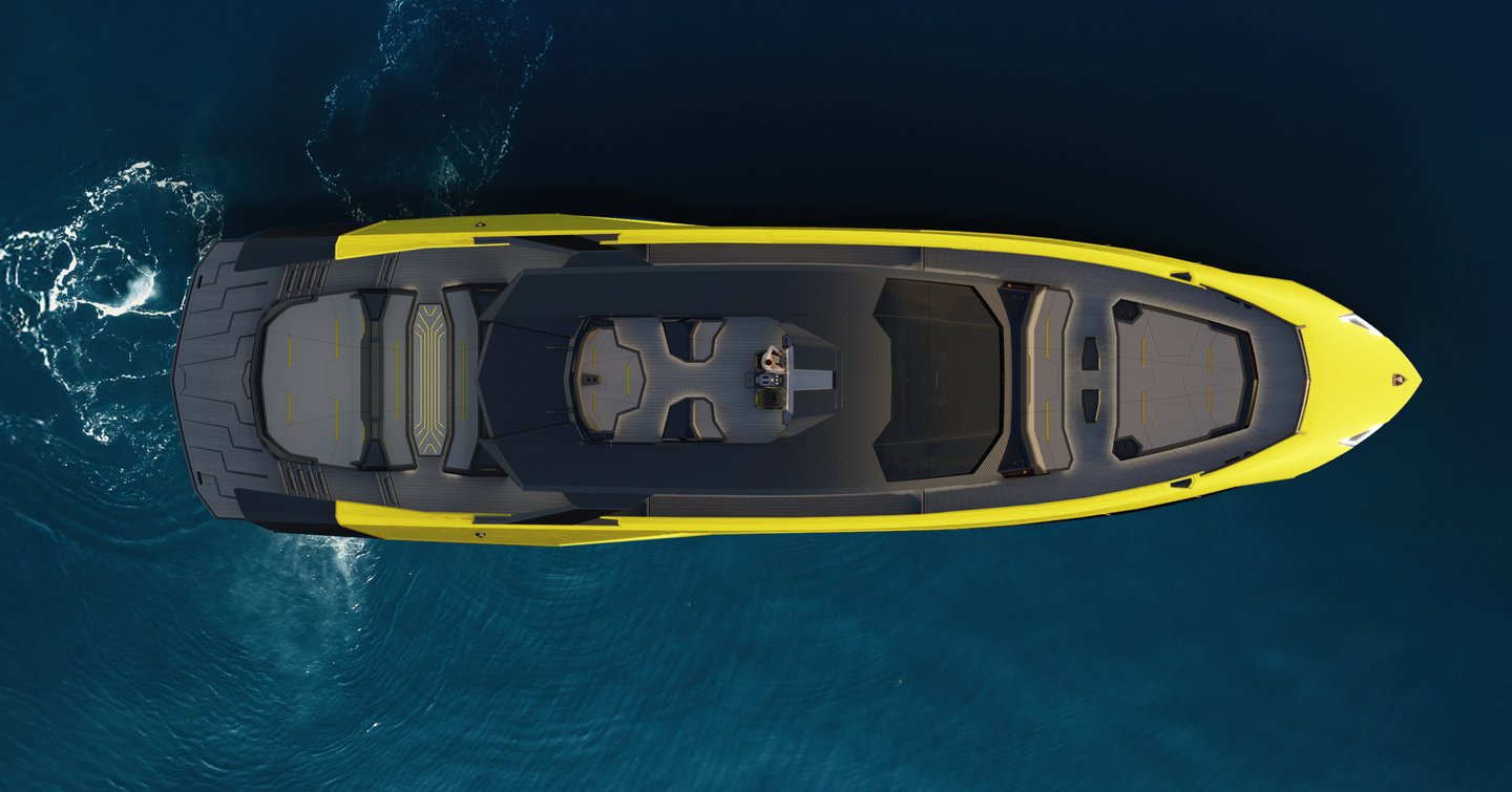Aerial Rendering of Tecnomar for Lamborghini 101 motor yacht under way 