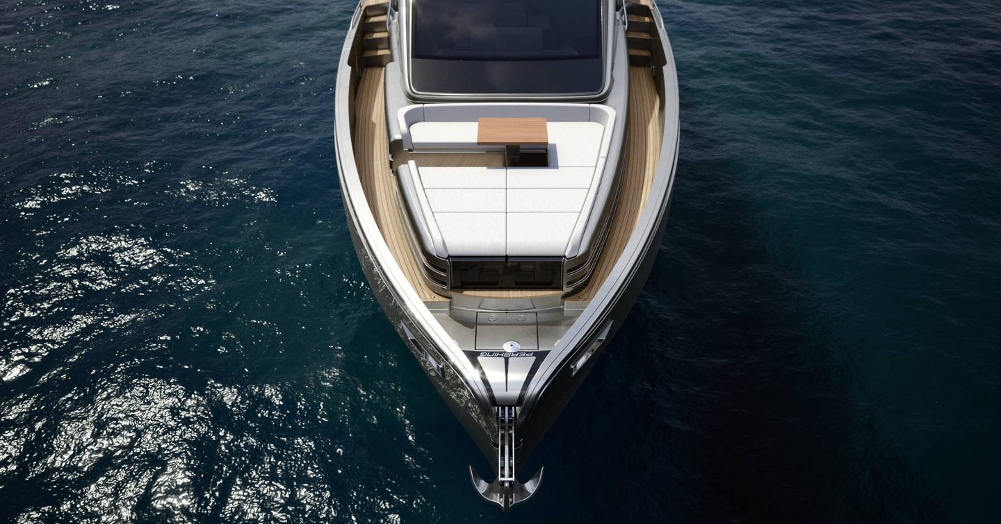 Rendering of motor yacht Pershing GTX70 foredeck with sunpads and table
