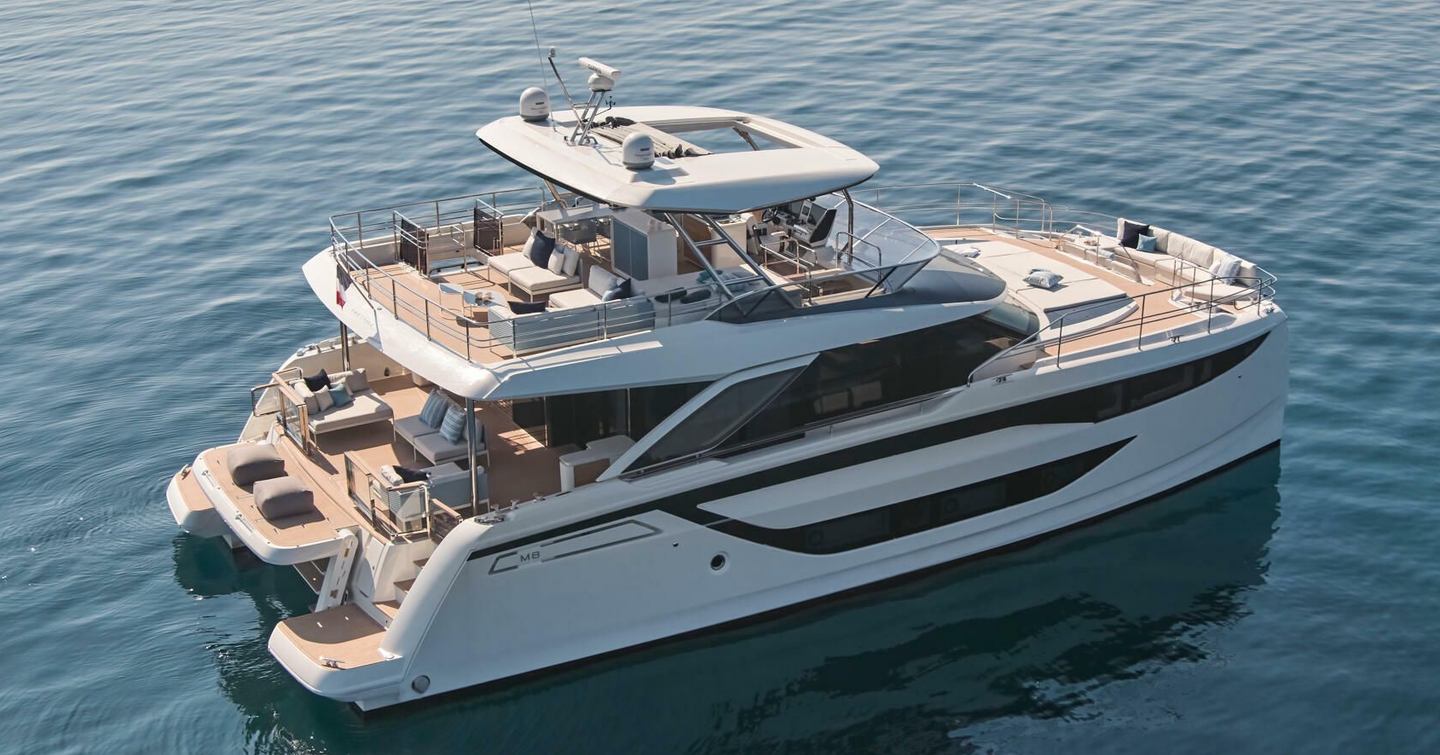 A starboard-side view of the Prestige M8 showcasing its expansive deck spaces