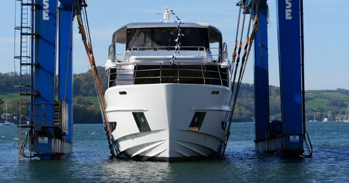 Rendering of Princess X90 motor yacht on water during launch