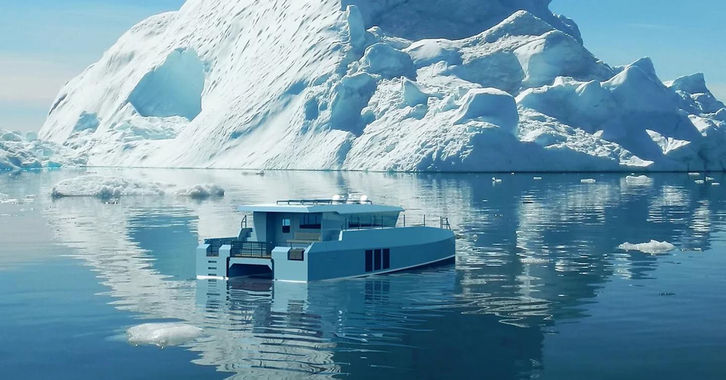 Rendering of Archipelago 47 Explorer Catamaran in arctic environment