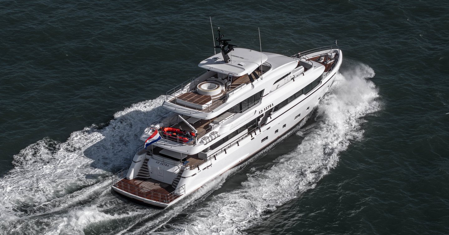 Aerial view of Superyacht Ad Astra under way 