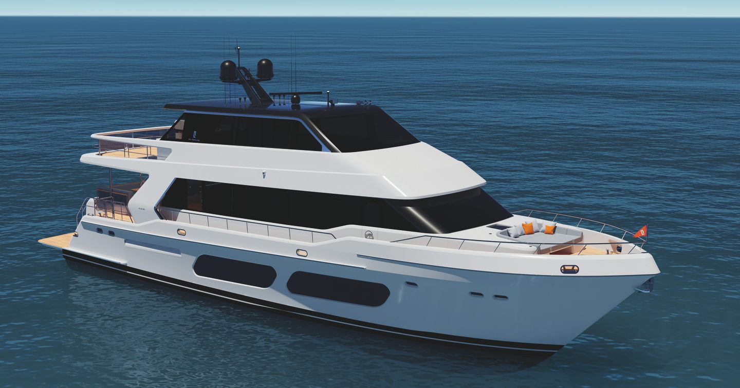 Rendering of CL Yachts CLB80 mnotor yacht at anchor