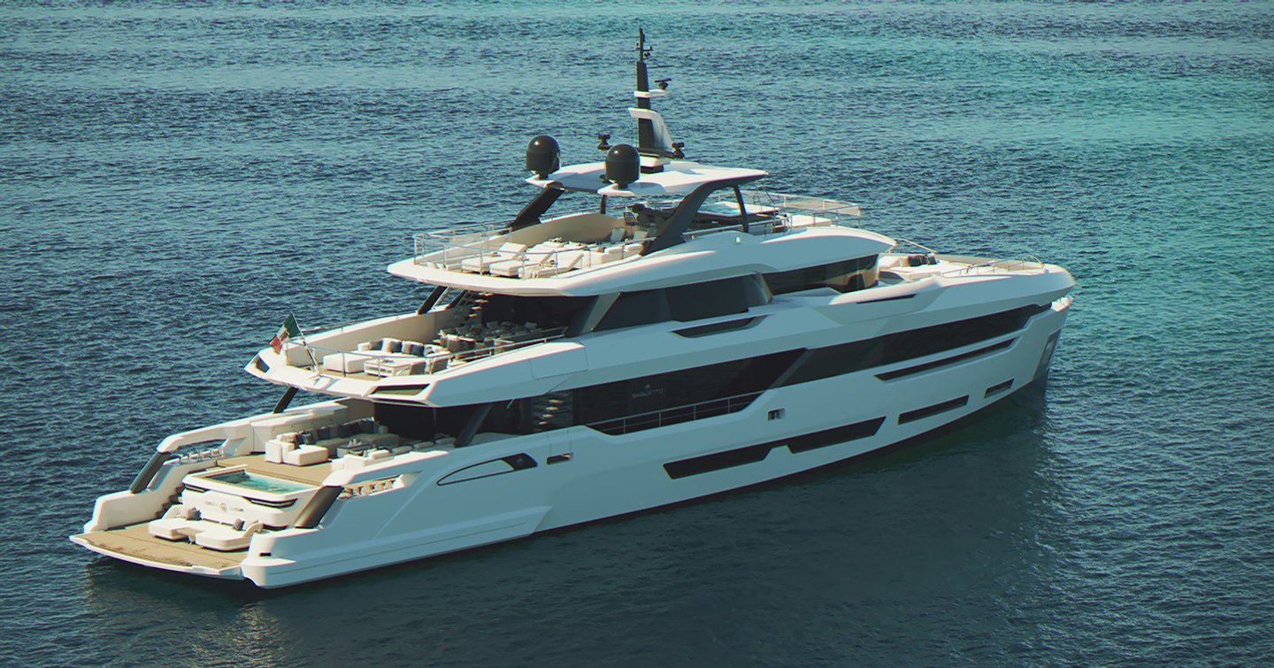 Rendering of Baglietto DOM133 superyacht at anchor 