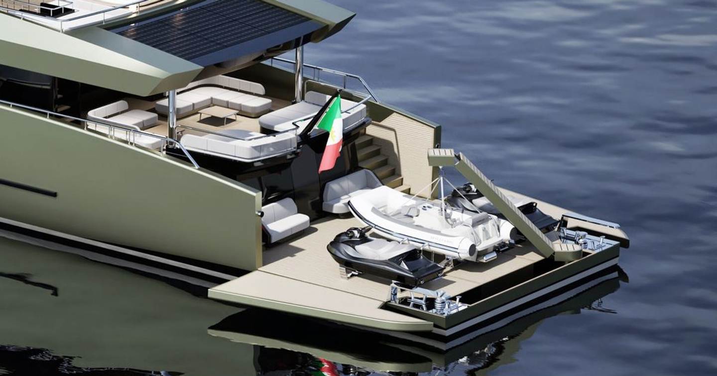 Rendering of GX Superyachts GX38 Voyager explorer yacht stern with tenders being deployed 
