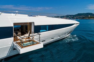 The retractable balcony featured on board the Overmarine superyacht EL LEON.