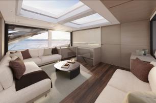 Rendering of Princess X90 motor yacht skylounge with L-shaped sofa 