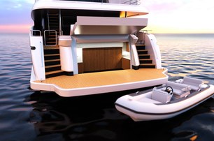 A graphic rendering of a swim platform on the aft of a Johnson yacht for sale