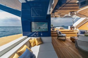 The nautical blue interior of the Overmarine luxury yacht EL LEON