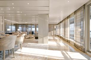 Admiral yacht No Rush main saloon dining and lounge area 