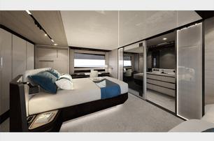 A graphic rendering of a guest cabin on board the Azimut Grande S10 yacht