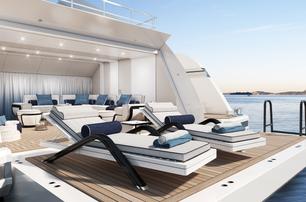 Heesen superyacht Project Sophia beach club with sun loungers 
