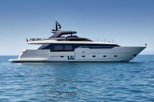 Sanlorenzo motor yacht Kapusha at anchor side view 