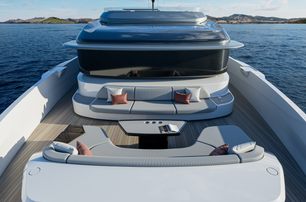 X100 Triplex by EXTRA Yachts  bow shot showing seating, looking towards the aft