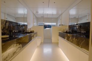 Numarine 40MXP bridge deck owner's en suite with twin wash basins and rainfall shower
