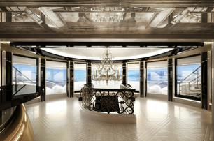 Lurssen yacht KISMET hallway and staircase leading down, panoramic windows