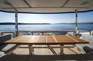 Sunseeker motor yacht Triple Eight aft deck seating with table 