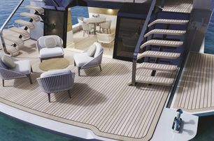 Mangusta Oceano 39 aerial shot over aft deck with side wings extended, freestanding furniture and twin staircases leading up