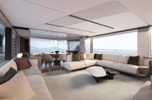 Rendering of Princess X90 motor yacht saloon with l-shaped sofa and circular dining table 