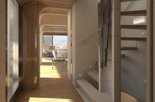 Rendering of interior of Benetti Motopanfilo showing staircase and view to salon