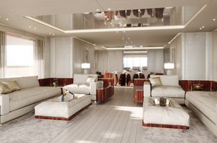 Overview of interior layouts onboard motor yacht ASANI, with white sofas and mirrored ceiling