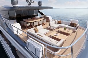 Rendering of Princess X90 motor yacht upper deck with dual L-shaped white seating and shaded alfresco dining