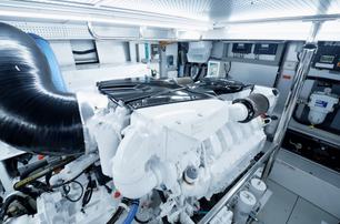 Fleming 85 MAN V12 diesel engine with excellent service access and maintenance space
