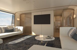 Rendering of interior of Benetti Motopanfilo showing large sofas and tv screen