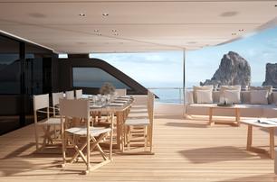 Custom Line Navetta 35 motor yacht upper deck dining area 