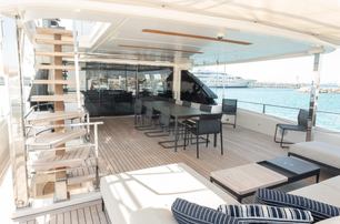 Custom Line yacht Willpower upper aft deck dining area 