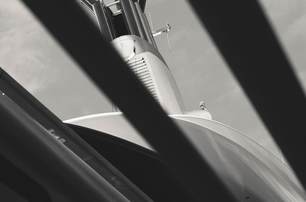 Close up of Superyacht Breakthrough superstructure in black and white